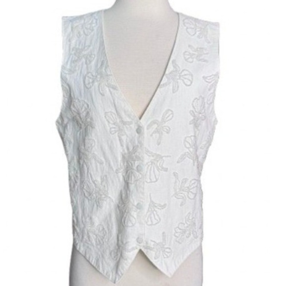 Vintage 90's Women's Large Ivory Neutral Beaded cotton vest‎ Cottage core Artsy